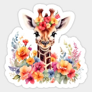 A giraffe decorated with beautiful watercolor flowers Sticker